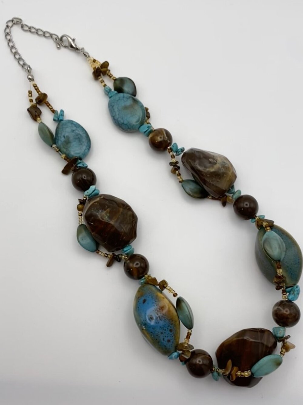Chunky Statement Necklace Turquoise-Color Brown Beaded Boho Southwestern